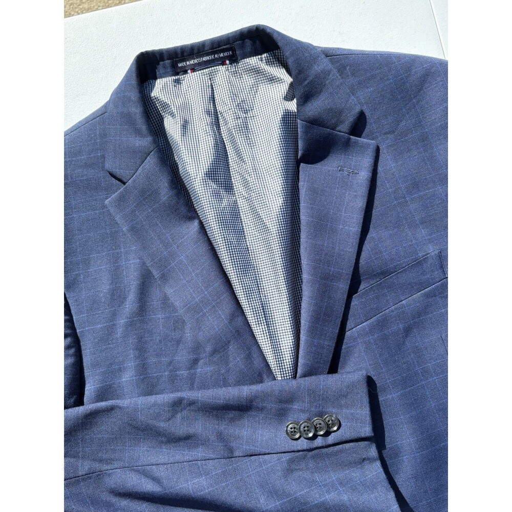 TOMMY HILFIGER Blazer Sport Coat Men’s 44L Blue Plaid Wool Blend Double Vent